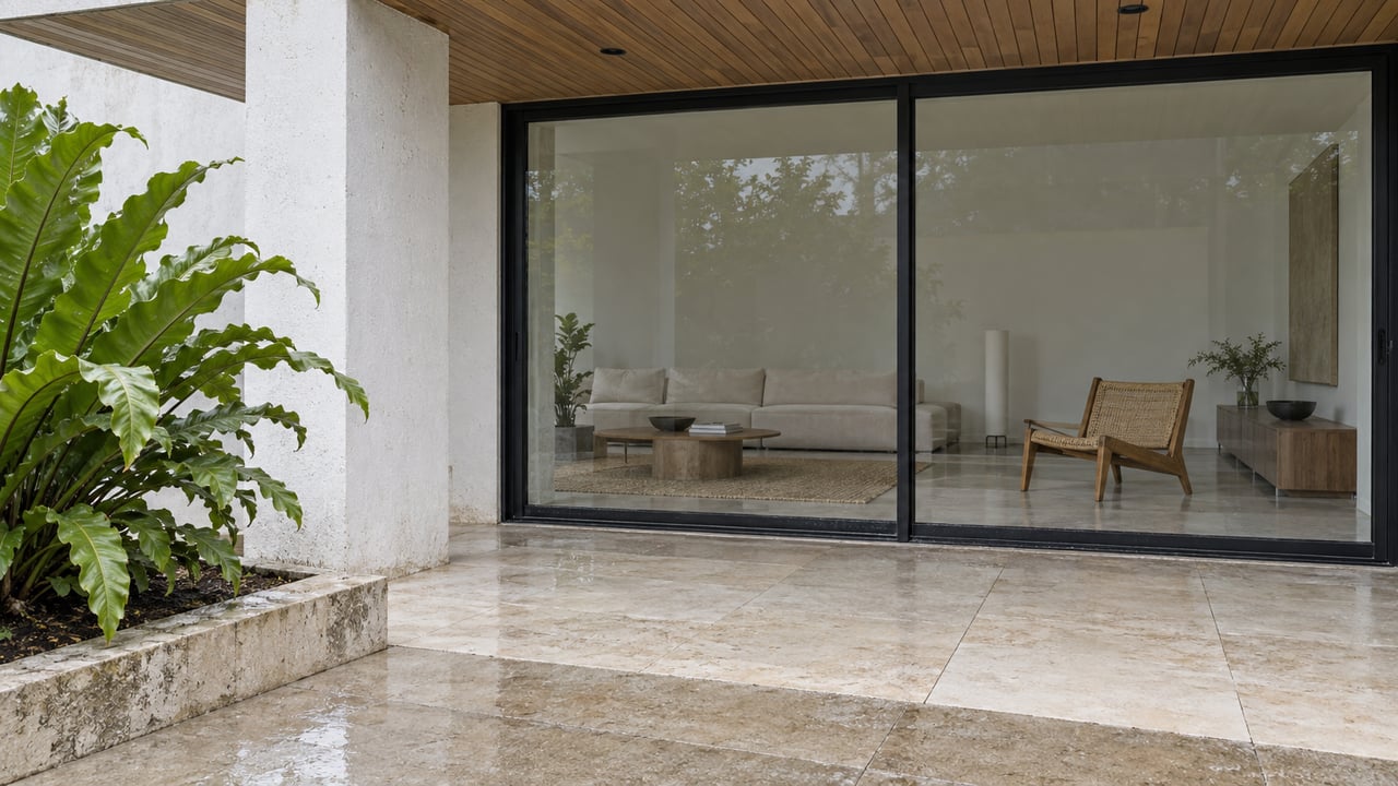Rain-softened limestone terrace beside dark-framed living-room glass, with a wood soffit and one bird’s-nest fern in a raised stone bed.