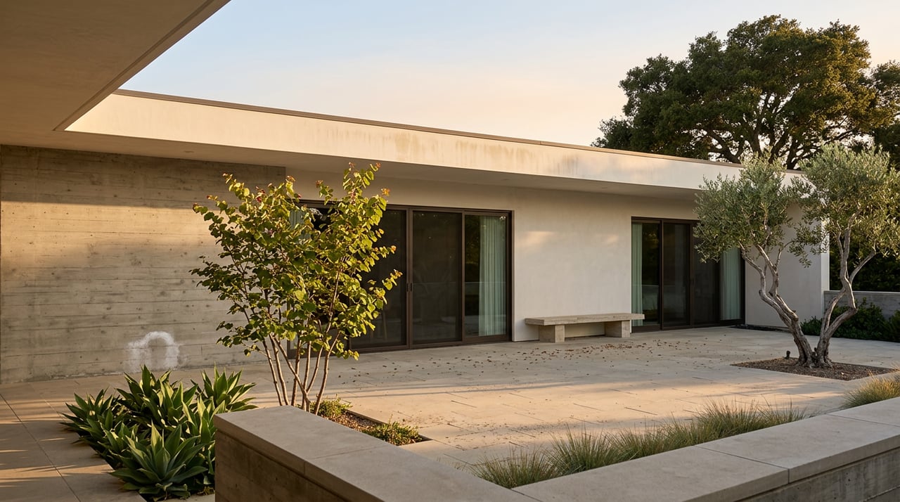 Modernist home with bronze-framed glass doors, a limestone courtyard, and mature trees and sculptural plantings.