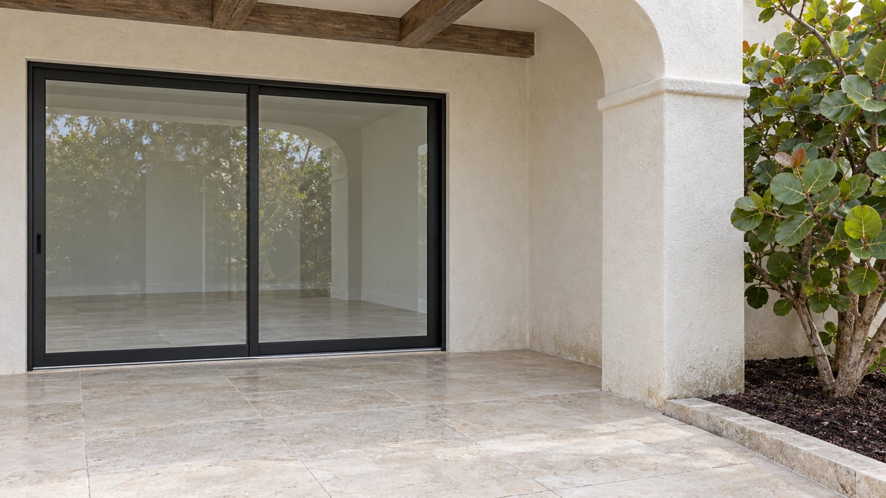 Close view of a white stucco terrace arch, timber beams and closed black-framed glass doors above pale limestone paving beside a sea grape specimen.