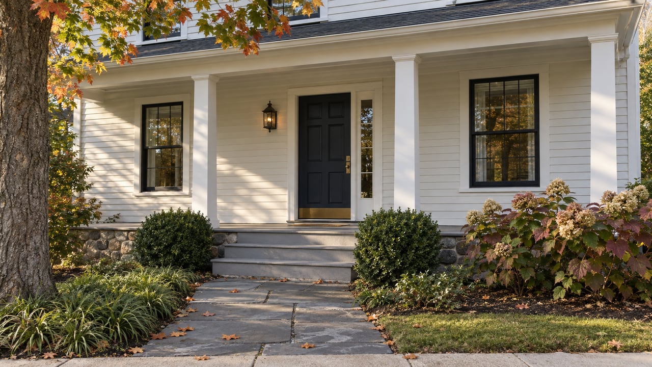 Traditional cream clapboard home with a navy front door, stone porch, and burgundy autumn hydrangeas.