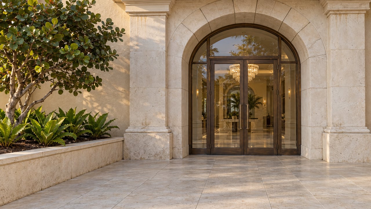 Cream limestone arched condominium entrance with bronze-framed glass doors, a sea grape tree and a sunlit stone approach.