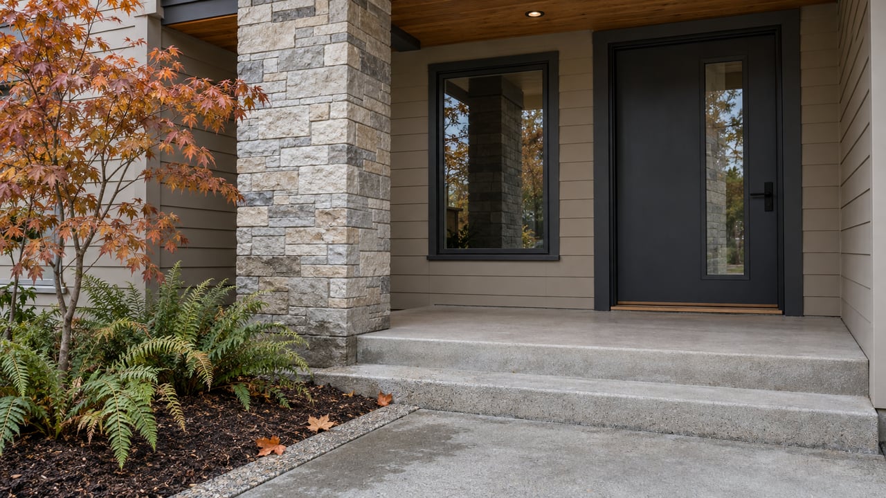 Covered home entry with pale stone column, greige siding, charcoal glazed door and concrete steps beside a copper-leaved vine maple and sword ferns.