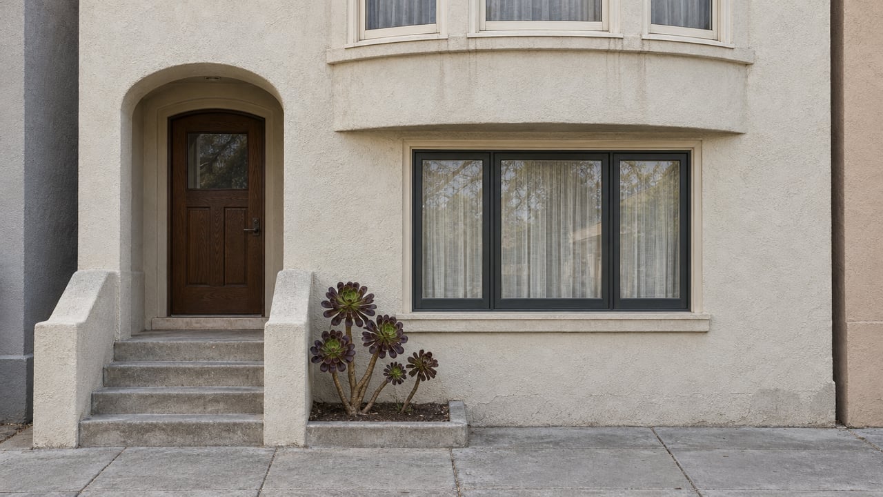 An oatmeal stucco home with a recessed arched oak entrance, worn concrete steps, closed bay windows, and a sculptural aeonium in a curbed planting pocket.