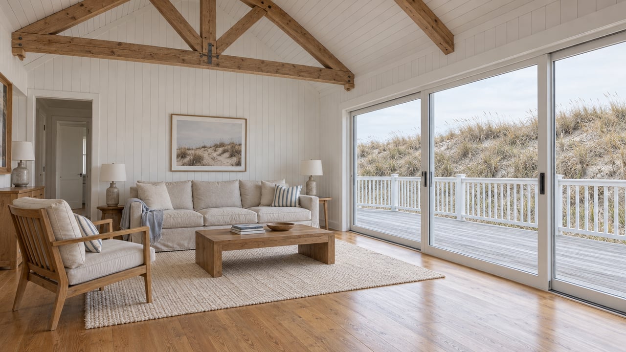 Sunlit beach-house great room with exposed timber trusses, white beadboard, honey-toned wood floors, linen seating, and a closed glass slider overlooking a weathered deck and sea oats.