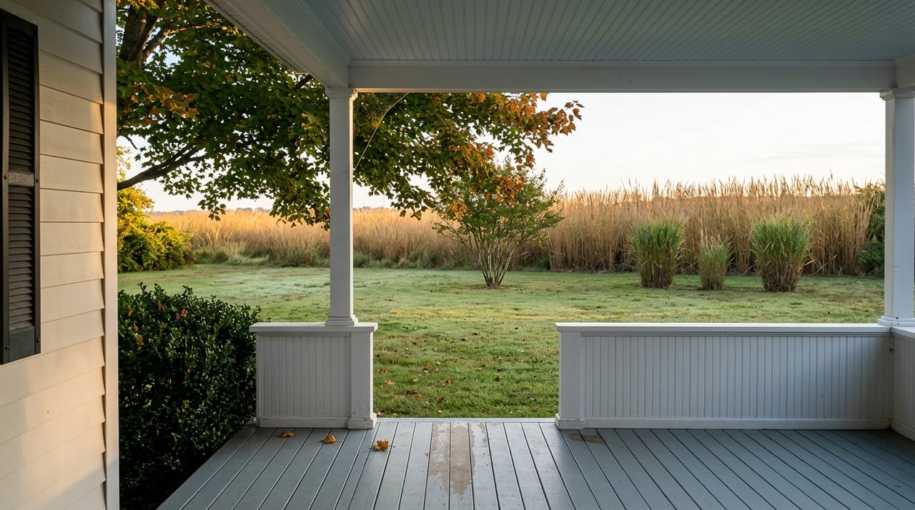 Porch posts frame a lawn, a multi-stem tree, and marsh grasses beneath an overhanging maple.