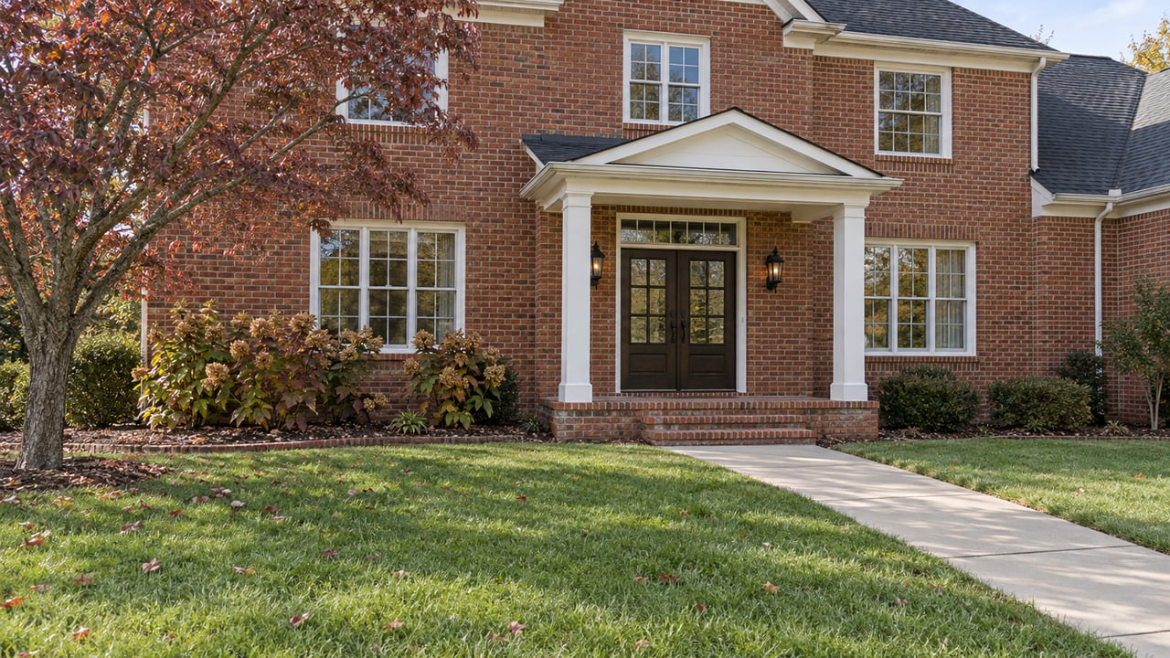 Red brick home with a white columned entry, a broad autumn lawn and a burgundy-leaved dogwood.