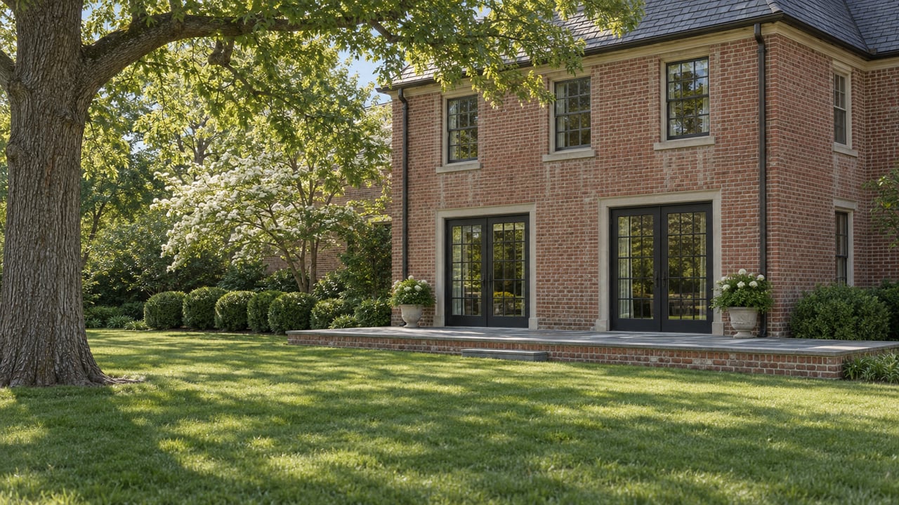 Two-story brick home's rear elevation overlooks a broad lawn, bluestone terrace, and mature oak.