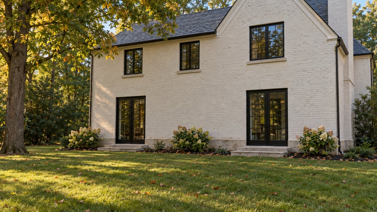 Warm-white brick rear wing with black-framed windows, slate gable, and a broad lawn beneath a maple.