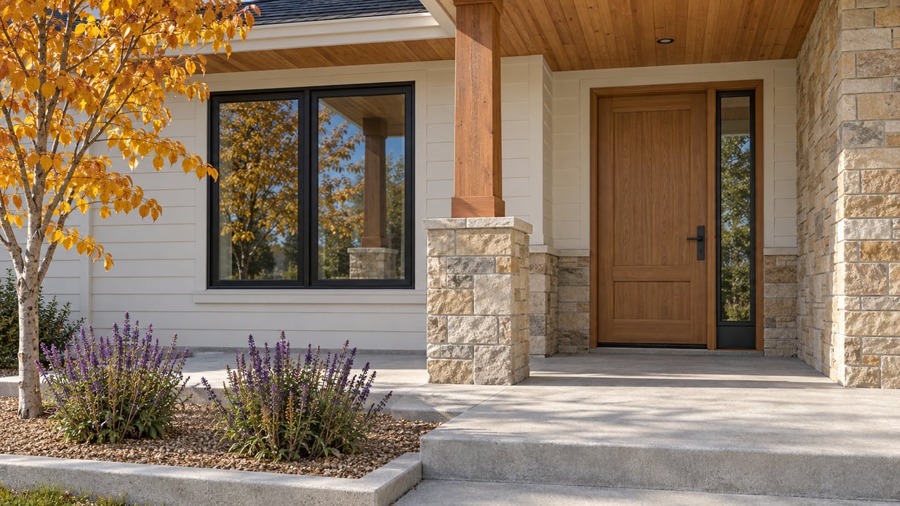 Covered home entry with white siding, warm wood door and soffit, stone accents, black-framed glazing, and autumn planting beside a concrete landing.