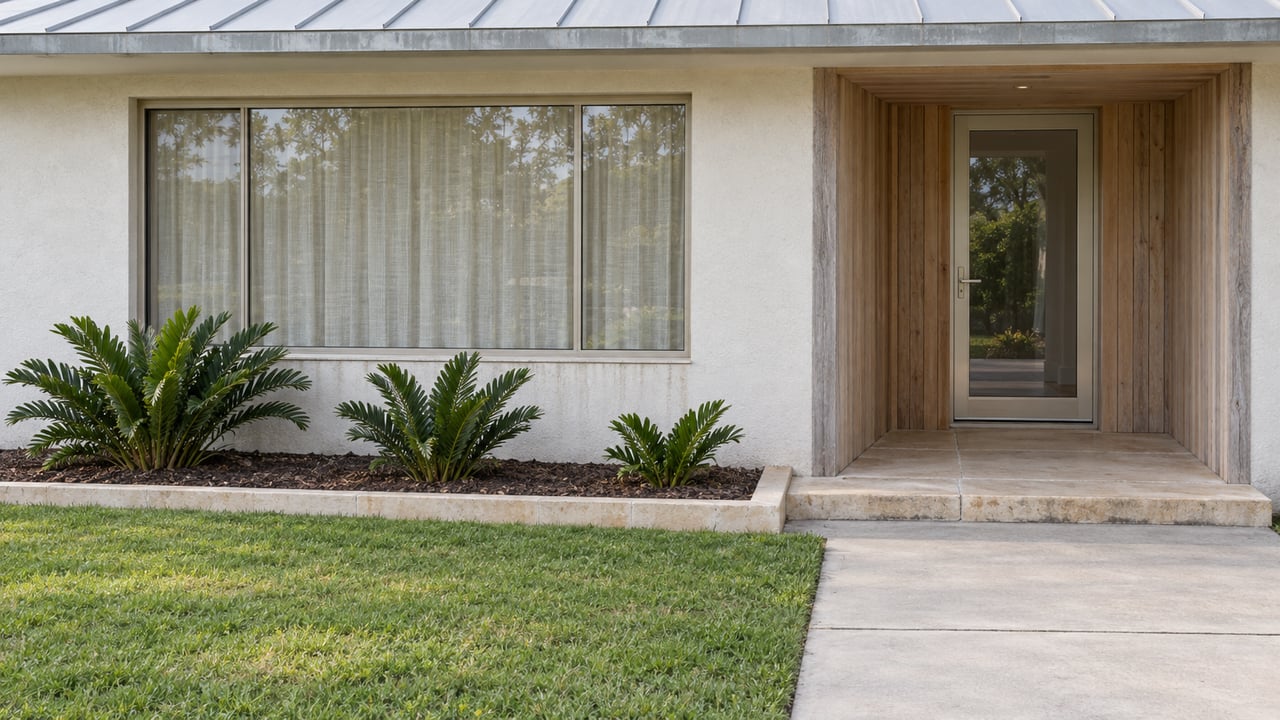 Pale stucco home with a cypress-lined glass entry, limestone porch, and coontie planting beside a broad front lawn.