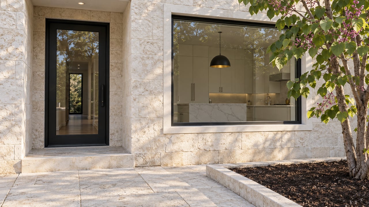 Cream limestone residential entry beside a broad kitchen window, with black-framed glazing and a single heart-leaved tree.