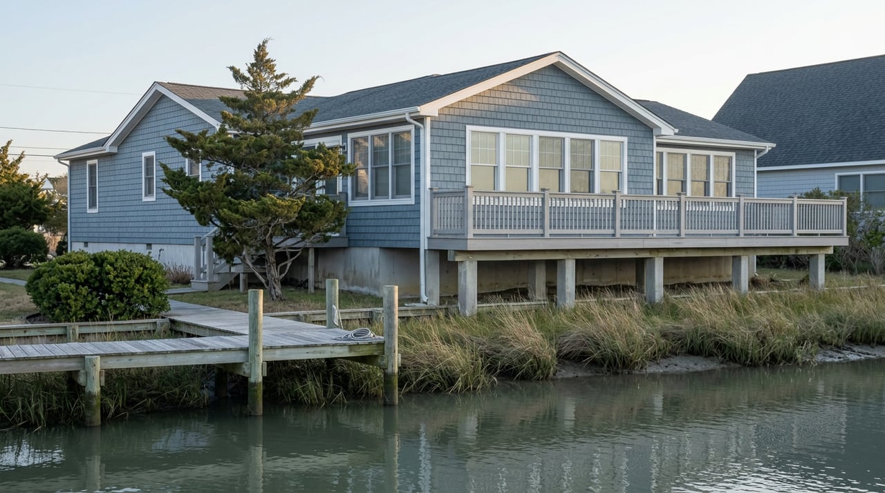 Blue-gray shingle home on pilings beside a wooden dock, marsh grass, and calm tidal water.