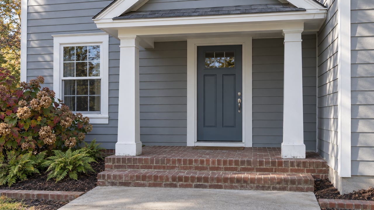 Gray lap-sided home with a white columned entry, blue-gray door, brick steps and autumn oakleaf hydrangea beside the window.