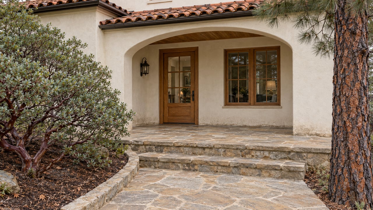 Cream stucco home with an arched timber-and-glass entrance, terracotta roof, and stone approach beside mature pine and manzanita.