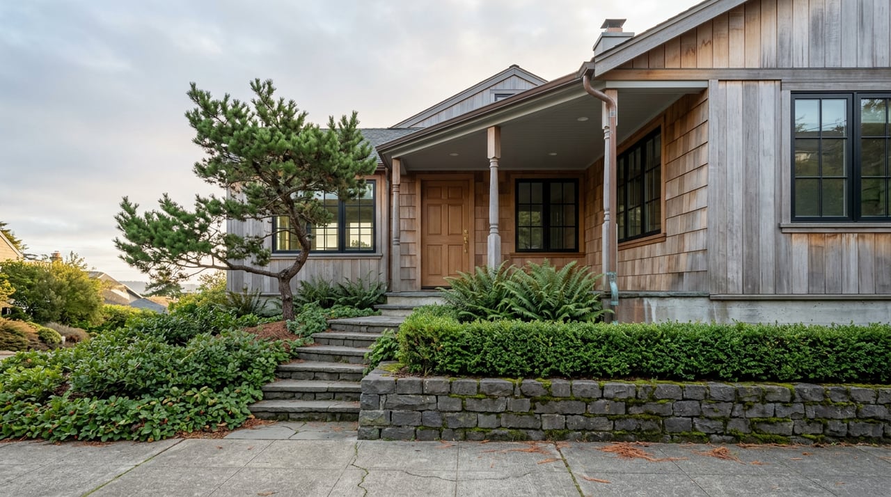 Cedar-shingled home with a covered porch above terraced stone stairs and a wind-shaped pine.