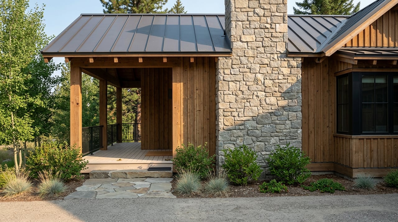 Mountain home with a stone chimney, timber siding, and a covered porch beneath a charcoal standing-seam roof.
