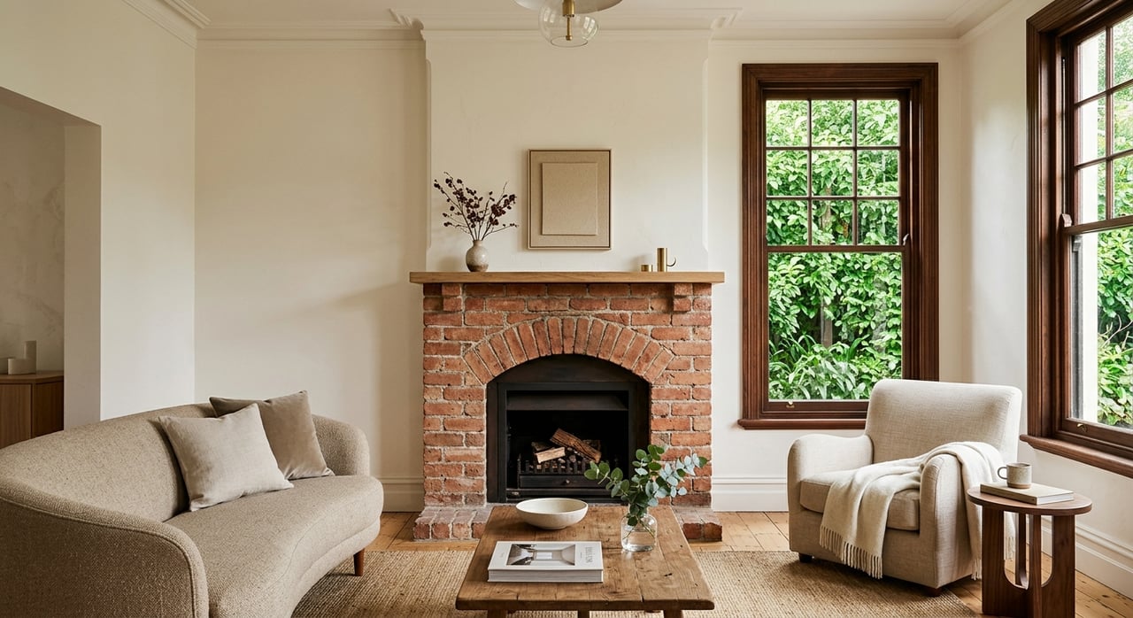 Red-brown brick fireplace with an arched opening, flanked by built-in shelves, a linen sofa, and leather chair.