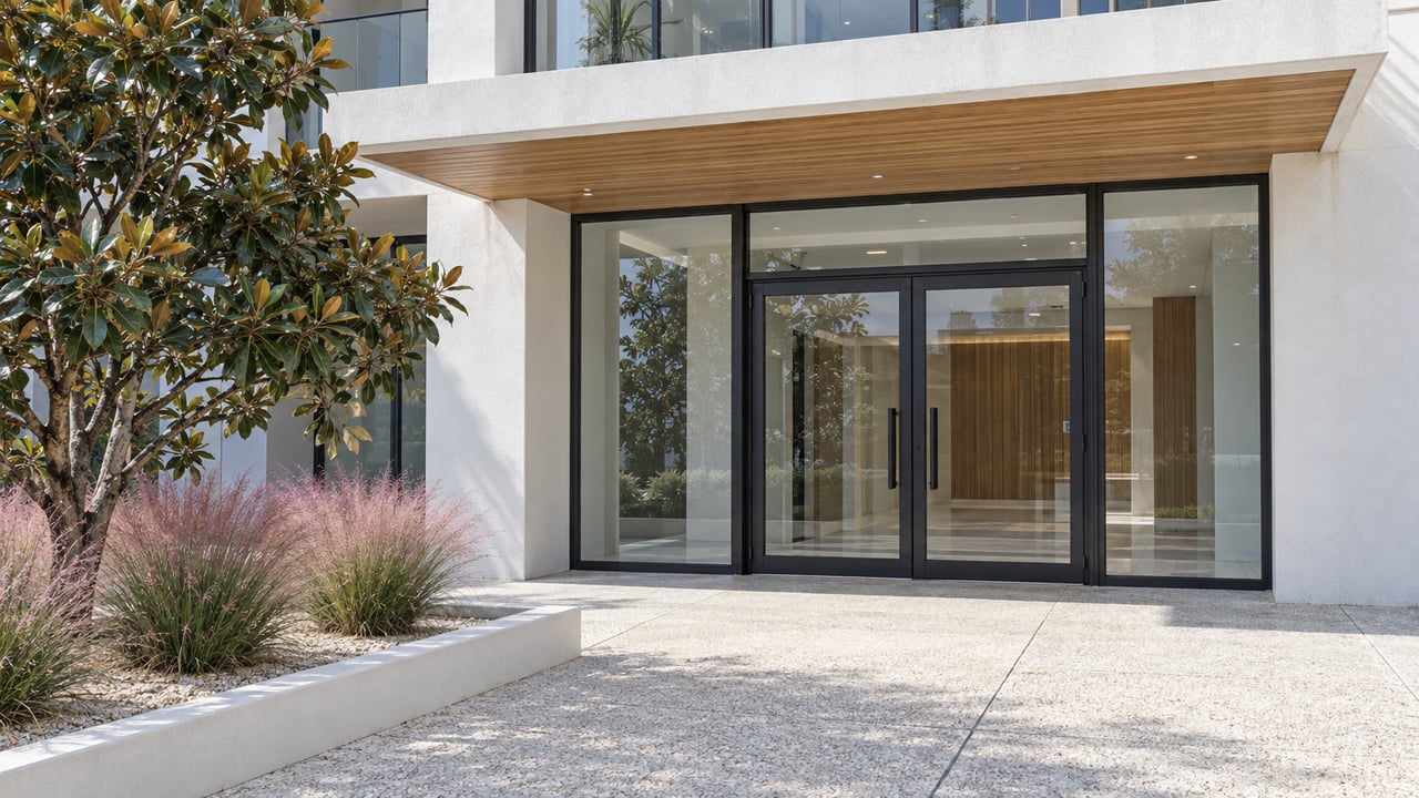 White condominium entrance with a warm wood canopy, paired glass doors, pale concrete paving and a carefully bounded planting bed.