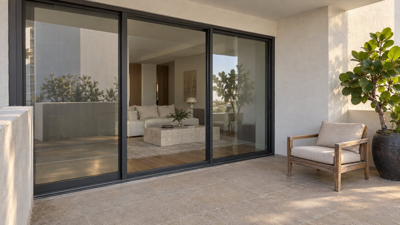 Covered condominium loggia with pale paving, closed glass doors, a teak chair and a potted sea grape beside white stucco walls.