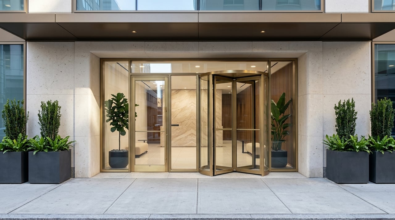 Urban residential lobby with limestone, glass, brass framing, revolving door, and planters.