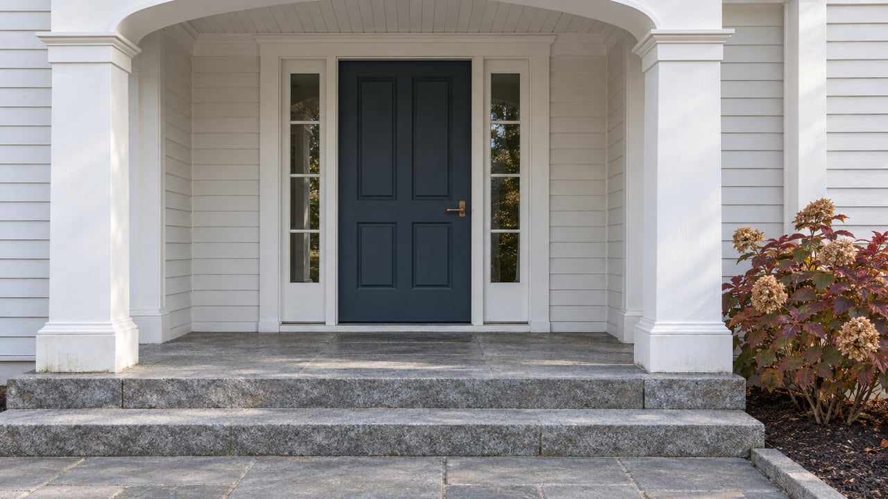 White clapboard home entrance with an arched porch, slate-blue door, gray granite steps and burgundy oakleaf hydrangea.
