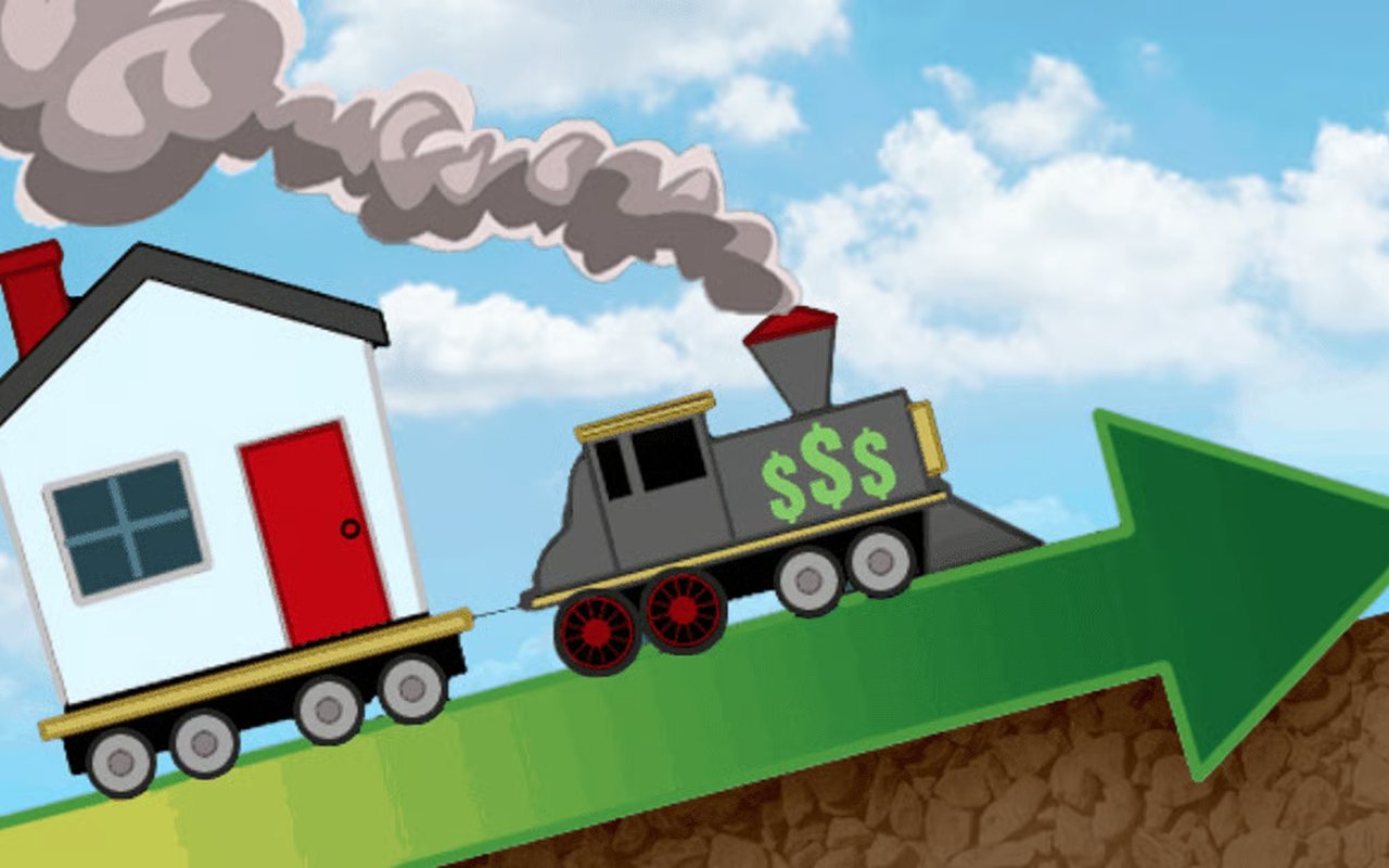 A money-marked train pulls a house up a rising green arrow.