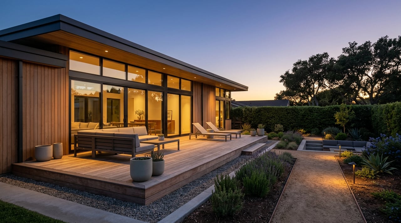 Modern coastal home’s glass sliders illuminate a raised wood terrace with sectional seating, planters, and garden path.