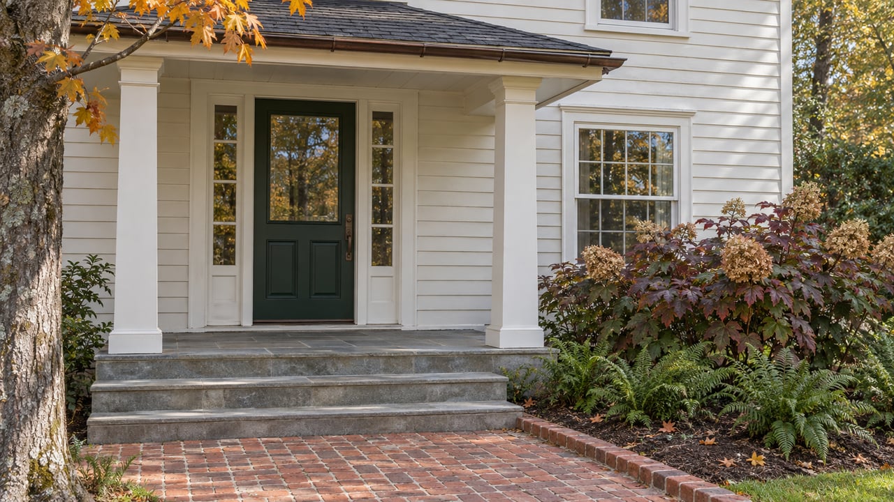 Covered entry with white clapboard siding, a green door, bluestone steps and autumn planting beside a brick walk.