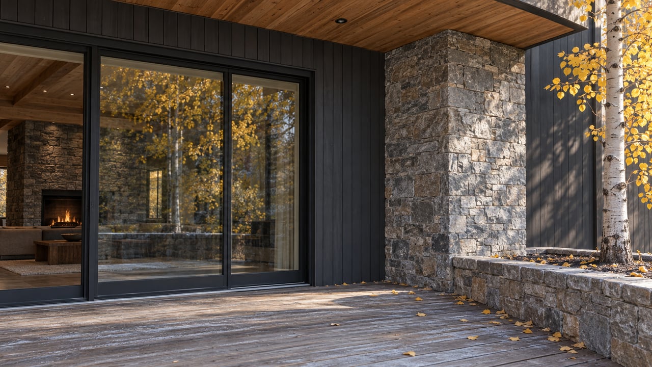 Mountain-modern terrace with gray stone pier, black-framed glass, and yellow aspen leaves on weathered wood boards.