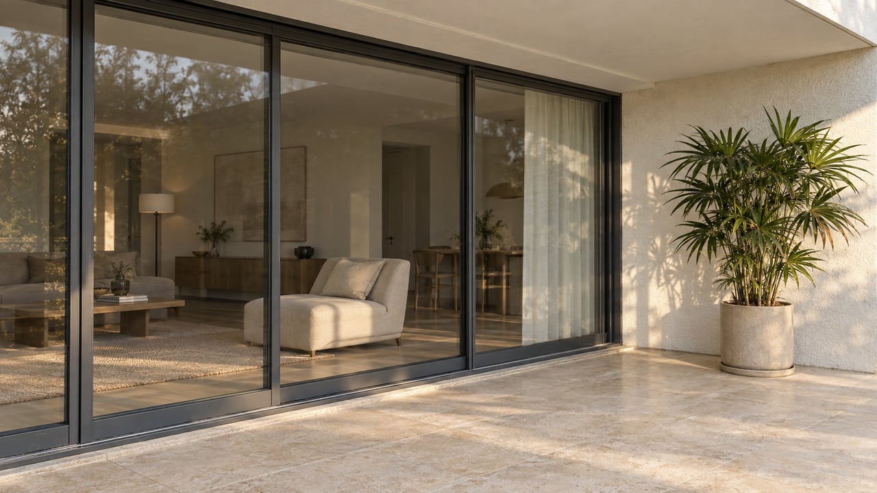 Sunlit limestone condominium terrace beside closed charcoal-framed glass doors, with a cream lounge chair inside and a single lady palm in a concrete planter.
