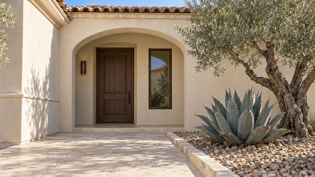 Cream stucco home with a shaded arched walnut entry, limestone approach, blue-gray agave and a sculptural olive tree.