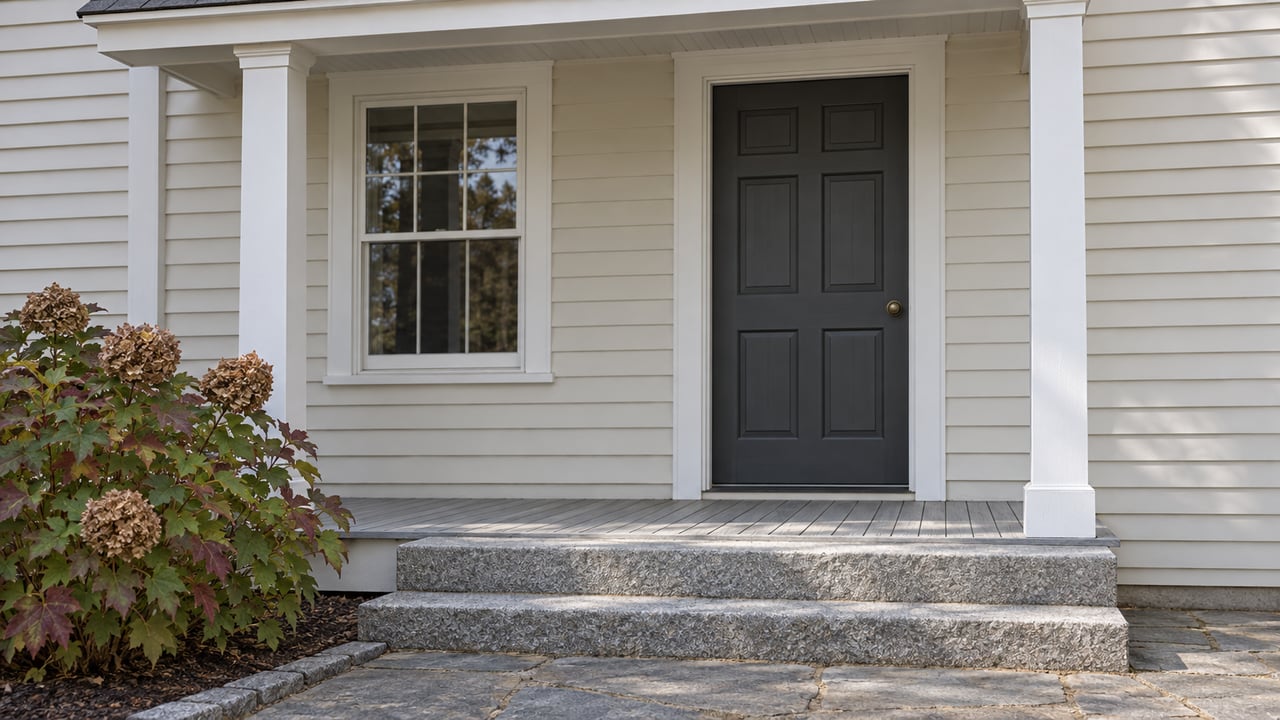 Cream clapboard entry with a charcoal door, white porch posts, weathered granite steps and autumn oakleaf hydrangea.