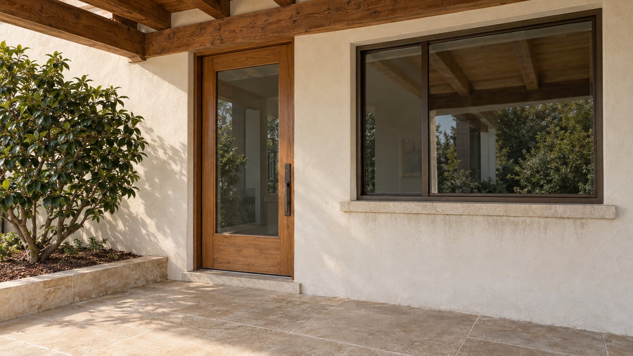 Morning light crosses a cream-plaster bungalow porch with a glazed oak door, bronze-framed window, exposed timber and limestone paving beside a camellia.