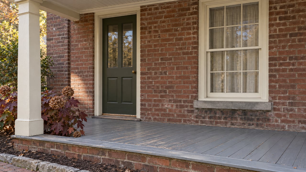 A worn painted porch, olive front door and traditional sash window on a red-brick home, beside burgundy oakleaf hydrangea.