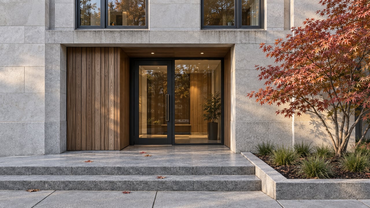 Stone and wood residential entrance with black-framed glazing, granite steps, and a copper-red Japanese maple.