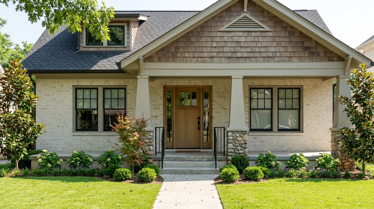 A Craftsman home viewed from the front walk on a residential street.