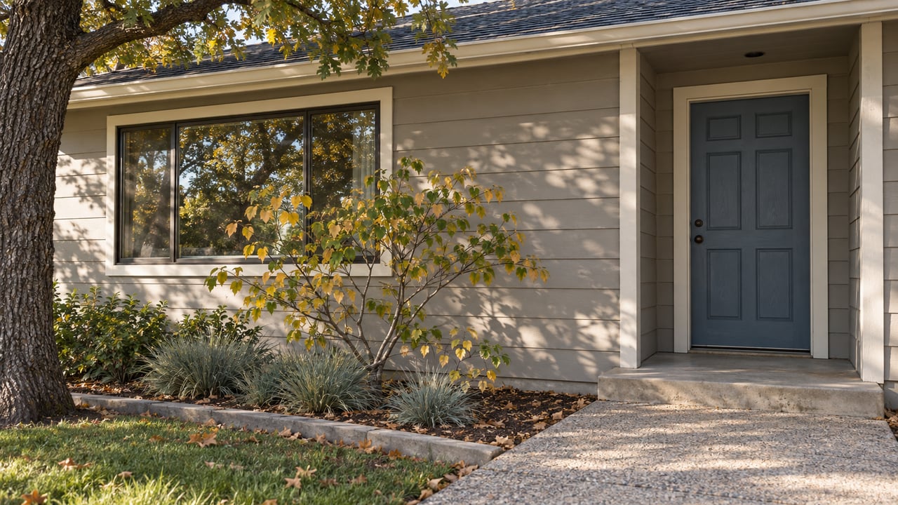 Older single-story home with warm-gray siding, denim-blue front door, and oak leaves shading the facade.