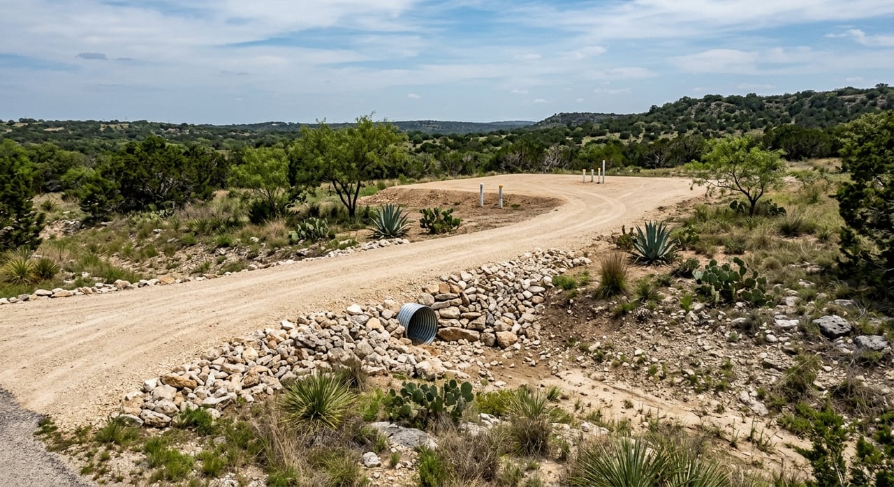 Caliche driveway crosses a stone-lined culvert toward a graded building pad, with capped utility pipes and desert plants.