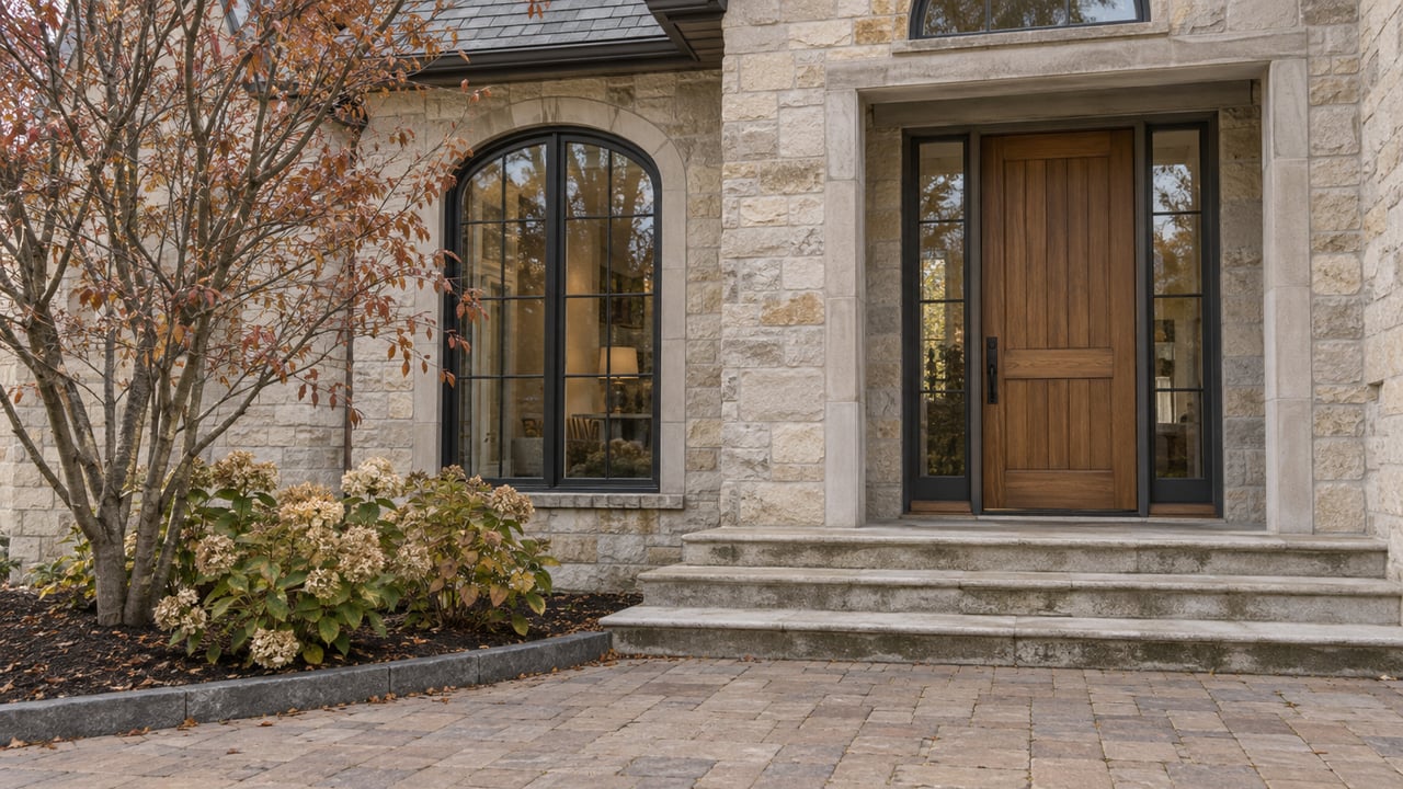 Limestone home entry with an arched black-metal window, oak door, stone steps, and a copper-leaved tree.