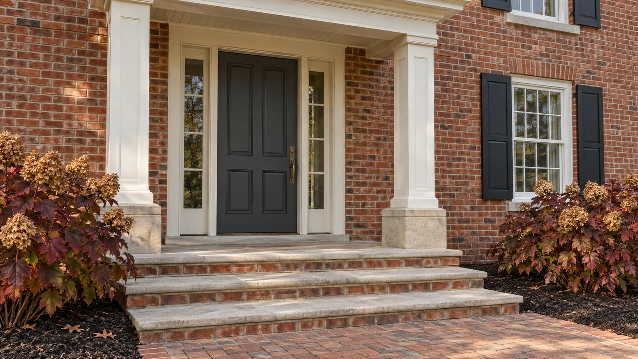 Brick home entrance with ivory portico columns, limestone steps, black shutters and burgundy oakleaf hydrangeas in autumn light.
