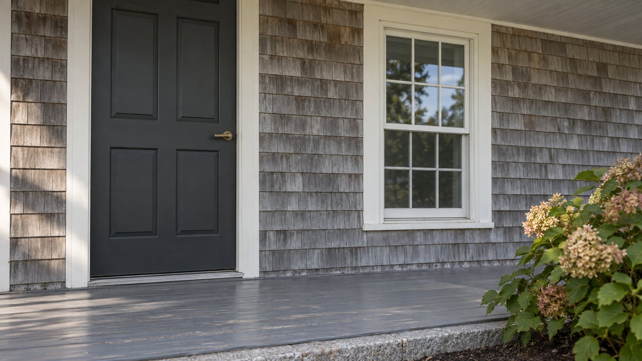 Weathered shingle house porch with a charcoal paneled door, six-over-six window, and oakleaf hydrangea.