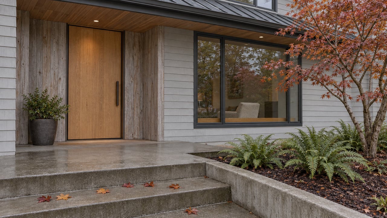 Sheltered cedar-and-oak home entrance beside a broad window, damp concrete steps, a copper-leaved vine maple and sword ferns.