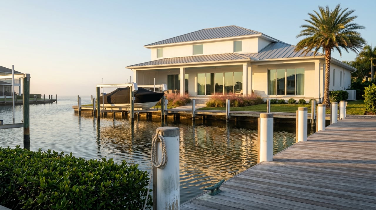 Private dock facing a white stucco waterfront home, with a covered lanai, boat lift, and palm tree.