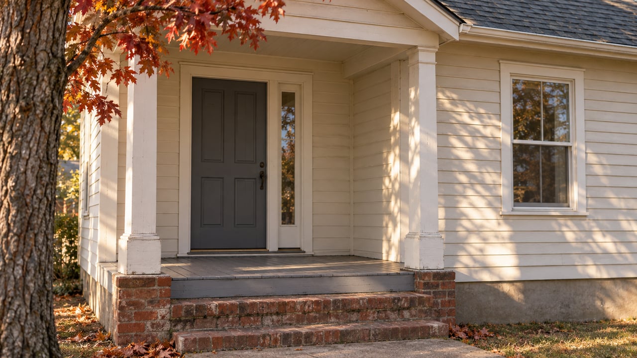 Porch-front house with an enclosed entry, brick steps, and red-oak branches casting shadows on pale siding.