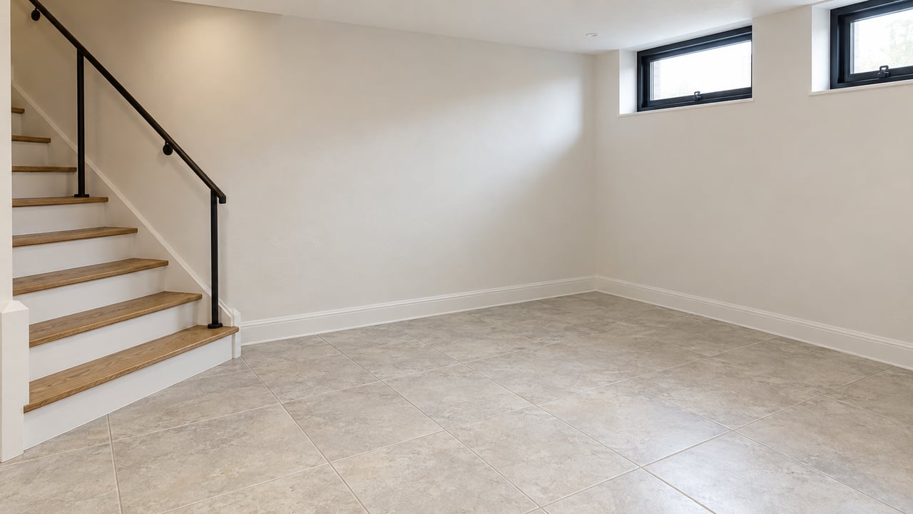Finished basement with oak stairs, black handrail, tiled floor, and high windows.