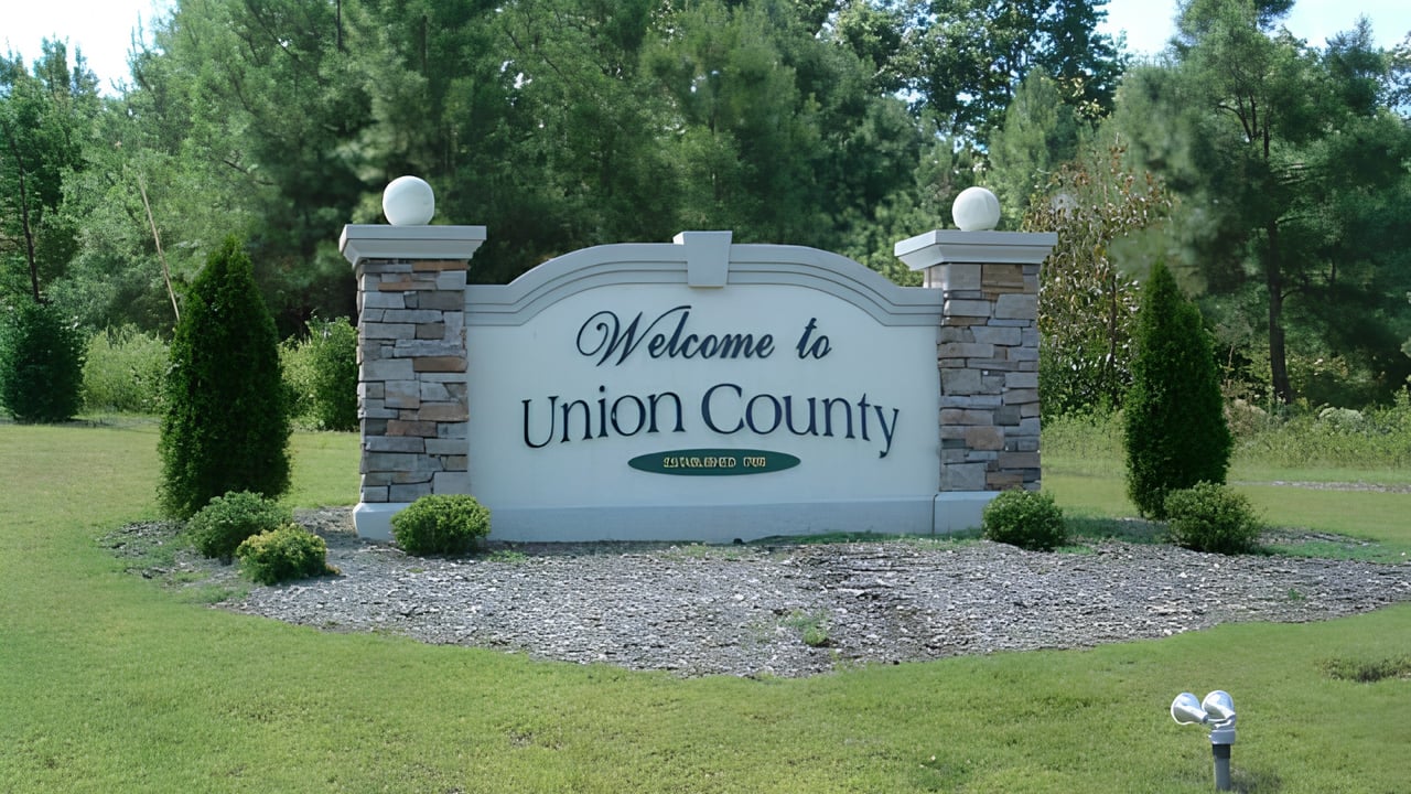 Welcome to Union County sign in a landscaped lawn bordered by trees.