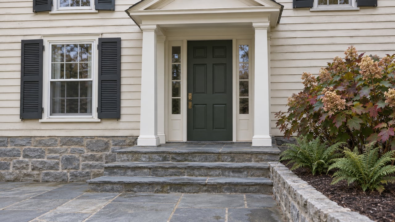 Ivory clapboard home entrance with a green door, paired sidelights and columns, bluestone steps and oakleaf hydrangea.