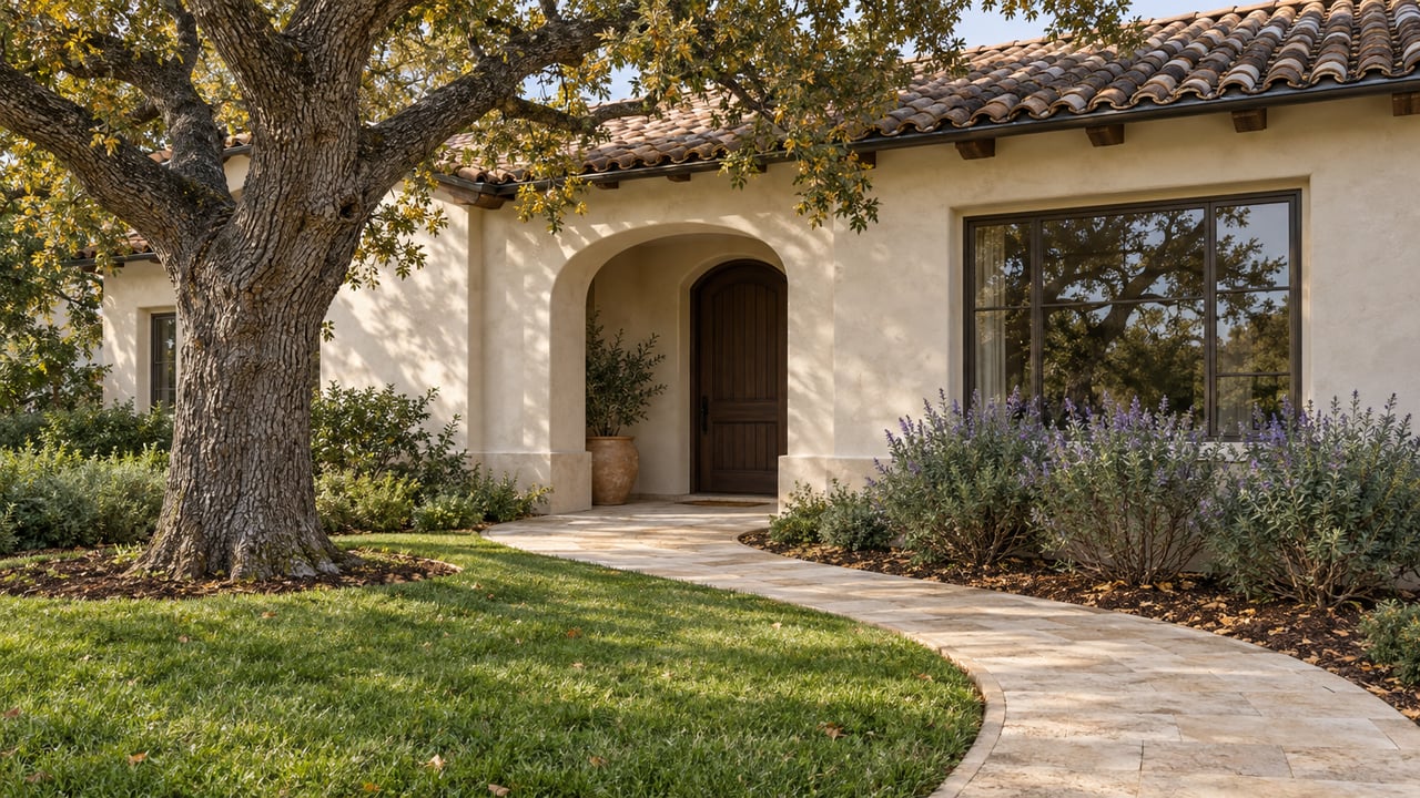 A mature oak shades the deep front garden of a warm stucco home with a clay tile roof and recessed arched entry.