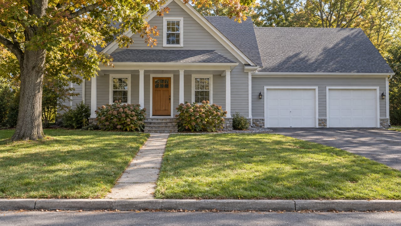 Pale gray house with two garage doors, a long sloping lawn, and a coppering oak at left.