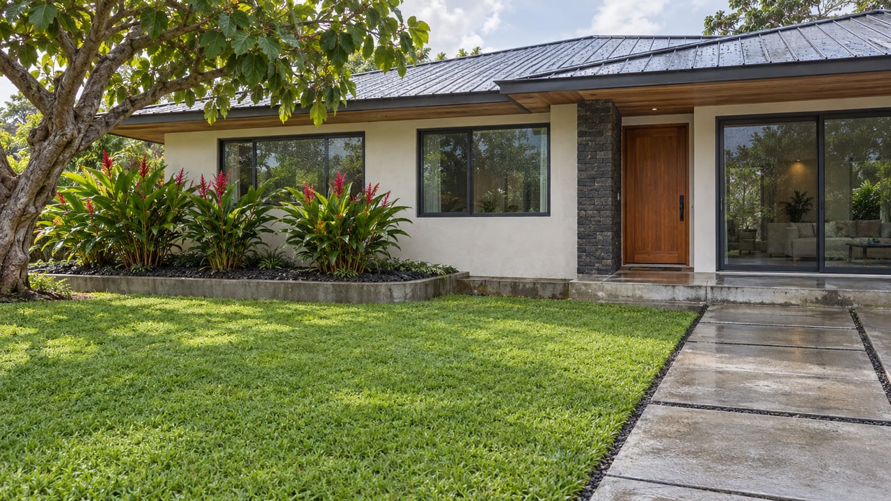 Rain-damp lawn and concrete approach leading to a pale single-story home with deep wood-lined eaves and carefully placed tropical planting.